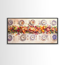 Load image into Gallery viewer, Festive Thanksgiving dinner table setting with colorful centerpiece, framed canvas print perfect autumn holiday decor wall art