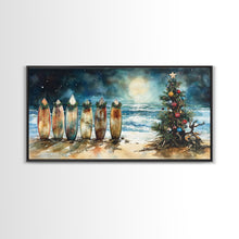 Carregar imagem no visualizador da galeria, Canvas Print Surfboards and Christmas Tree at Beach, Tropical Christmas Decor, Beach Christmas Art, Coastal Holiday Wall Art