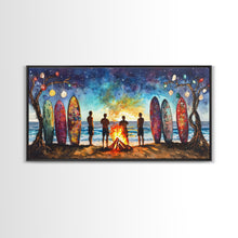 Carregar imagem no visualizador da galeria, Canvas Print Beach Bonfire with Surfboards Under Stars, Coastal Christmas Art, Tropical Holiday Wall Art, Beach Christmas Decor
