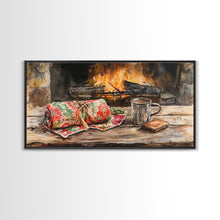 Carregar imagem no visualizador da galeria, Canvas Print Cozy Fireplace with Christmas Blanket and Mug, Rustic Christmas Decor, Holiday Home Art, Warm Christmas Wall Art