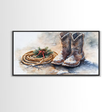 Carregar imagem no visualizador da galeria, Framed Canvas Print Cowboy Boots and Rope with Pinecones, Rustic Winter Decor, Western Christmas Art, Perfect Holiday Wall Print