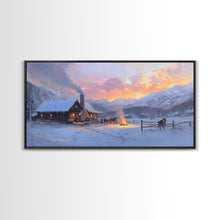 Load image into Gallery viewer, Cozy Snowy Log Cabin Tall Art Framed Canvas Print Winter Home Decor With Warm Fireplace And Horse Rider Under A Beautiful Sunset Scene