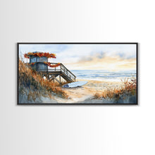 Cargar imagen en el visor de la galería, Christmas vacation decor Framed Canvas Print coastal beach cabin snowy winter landscape holiday decor gallery wall Christmas wall print