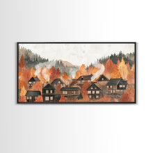 Carregar imagem no visualizador da galeria, Autumn village decor Framed Canvas Print rustic village with fall trees cozy seasonal wall art gift idea moody landscape autumn home decor