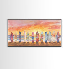 Load image into Gallery viewer, Vibrant Sunset Beach Art Surfboard Canvas Print Tropical Beach Wall Art Framed Canvas Print Fall Beach Scene Autumn Surfboard Decor