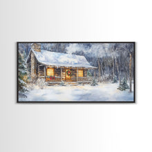 Load image into Gallery viewer, Snowy cabin Christmas decor, winter wonderland wall art, rustic farmhouse Christmas print, cozy country home decor, framed canvas print