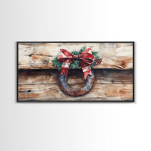 Carregar imagem no visualizador da galeria, Festive horseshoe Christmas art, rustic holiday decor, farmhouse holiday gift idea, cozy winter home decor, framed canvas print