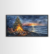 Load image into Gallery viewer, Beach Christmas decor with bonfire, sunset coastal holiday wall art, Christmas tree print, festive coastal art gift, framed canvas print