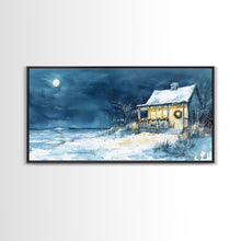 Cargar imagen en el visor de la galería, Coastal Christmas cabin decor, winter beach house art, snowy holiday seaside print, cozy Christmas wall art, framed canvas print