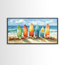 Load image into Gallery viewer, Colorful surfboards Christmas wall art, beach holiday decor, coastal Christmas art, framed canvas print, tropical Christmas art gift