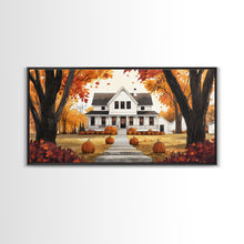 Carregar imagem no visualizador da galeria, Fall farmhouse pumpkin decor, autumn country home art, rustic fall wall print seasonal wall decor, framed canvas print, autumn farmhouse art
