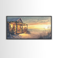 Cargar imagen en el visor de la galería, Christmas beach house decor, coastal holiday home art, seaside Christmas wall art, festive beach house print, framed canvas print