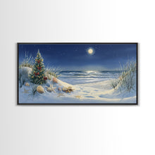 Cargar imagen en el visor de la galería, Christmas Tree on Snowy Beach with Full Moon, Framed Canvas Print, Coastal Christmas Art, Nautical Holiday Decor, Winter Wonderland, Beach