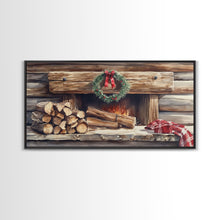 Load image into Gallery viewer, Cozy Cabin Fireplace Christmas Canvas Print | Rustic Christmas Wall Art | Holiday Home Decor | Christmas Mantle Decor | 2024 Christmas Gift