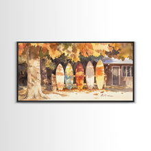 Carregar imagem no visualizador da galeria, Autumn surfboards art, canvas print featuring surfboards with fall leaves, cozy fall home decor, rustic wall art, autumn vacation gift idea
