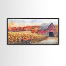 Carregar imagem no visualizador da galeria, Autumn Barn with Pumpkins in Wheelbarrow, Farmhouse Fall Decor, Framed Canvas Print, Seasonal Wall Art, Country Home Decor, Gift Idea