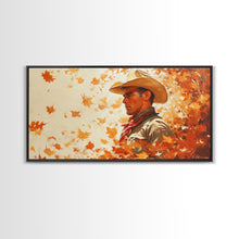Load image into Gallery viewer, Cowboy and Fall Leaves, Framed Canvas Print Seasonal Wall Art Christmas Cowboy Gift Winter Landscape Wall Decor
