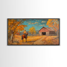 Load image into Gallery viewer, Cowboy Horse Autumn River Framed Canvas Print Perfect Above Sofa Fall Cowboy Art Moody Landscape Fall Western Wall Art