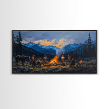 Carregar imagem no visualizador da galeria, Framed Canvas Print Western Cowboys Campfire Evening Art Landscape Rustic Winter Mountain Home Decor Extra Large Wall Art Gift