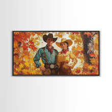 Carregar imagem no visualizador da galeria, Autumn Cowboy In Forest Framed Canvas Print Western Cowboy Wall Art Fall Cowboy Gift Rustic Wall Decor Moody Landscape Above Sofa