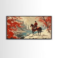 Load image into Gallery viewer, Cowboy resting by campfire under aspen trees with mountains in background, Framed Canvas Print, rustic wall art, warm western decor piece