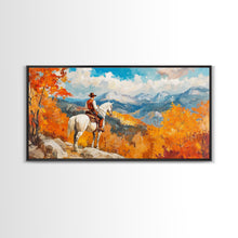 Load image into Gallery viewer, Cowboy on autumn swing, Framed Canvas Print, rustic Western art with vibrant fall, tall framed canvas print autumn decor farmhouse wall art