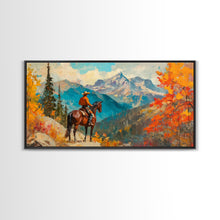 Carregar imagem no visualizador da galeria, Female cowboy in fall forest, Framed Canvas Print, tall striking artwork rustic or modern farmhouse seasonal wall art