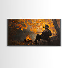 Cargar imagen en el visor de la galería, Cozy autumnal Framed Canvas Print featuring a woman with a mug, surrounded by vibrant fall leaves, perfect seasonal wall art for cozy spaces