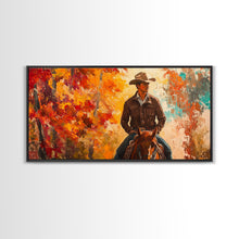 Load image into Gallery viewer, Cowboy Riding Through The Autumn Trees, Framed Canvas Print, Rustic Farmhouse Wall Art, Boho Style Seasonal Watercolor Painting
