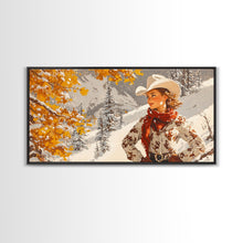 Cargar imagen en el visor de la galería, Charming Framed Canvas Print of a Cowgirl in Autumn Leaves, Perfect Fall Wall Decor and Gift Idea for Fans of Western Art Rustic Home Decor
