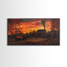 Carregar imagem no visualizador da galeria, Autumn Sunset With Pumpkins And Horse Wagon, Cozy Fall Landscape Wall Art, Rustic Country Framed Canvas Print, Warm Autumn Home Decor