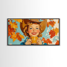 Load image into Gallery viewer, Cowgirl Having A Cup Of Joe, Framed Canvas Print, Farmhouse / Western Rustic Charm, Seasonal Art Piece to Warm Up Your Home Decor This Fall