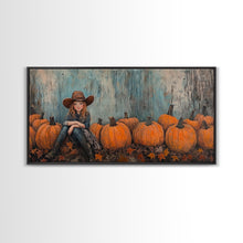 Load image into Gallery viewer, Cute Cowgirl In A Pumpkin Patch, Framed Canvas Print, Fall / Thanksgiving Decor, minimalist seasonal art for autumn or Christmas decor