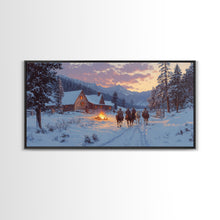 Load image into Gallery viewer, Cowboys and Log Cabin Winter Christmas Framed Canvas Print, Rustic Mountain Holiday Scene Art, Best Christmas Gift Idea, Winter Decor