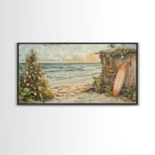 Cargar imagen en el visor de la galería, Christmas Tree Beside Rustic Beach House Coastal Holiday Scene Framed Canvas Print, Beach Christmas Wall Art And Decor