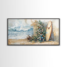 Cargar imagen en el visor de la galería, Coastal Christmas Scene Surfboards Christmas Tree Framed Canvas Print, Beach Holiday Decor Wall Art With Surfing Theme