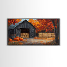 Cargar imagen en el visor de la galería, Fall Barnyard with Pumpkins Framed Canvas Print Farmhouse Decor, Fall Art Print, Rustic Home Decor, Seasonal Gift Wall Art