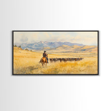 Load image into Gallery viewer, Cowboy On Snowy Path Framed Canvas Print Tall Art Winter Wonderland Western Christmas Decor Rustic Winter Wall Art Gift Cowboy Holiday Gift