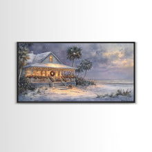 Load image into Gallery viewer, Christmas beach decor scene in tropical house with wreath and lights, Framed Canvas Print palm trees snow, winter art and holiday home decor