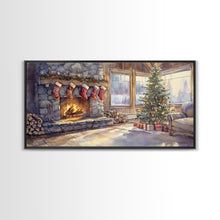 Load image into Gallery viewer, Snowy cabin lake scene at dusk with Christmas lights, Framed Canvas Print with a warm cabin glow, for winter wall art Christmas home decor