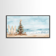 Load image into Gallery viewer, Beach Christmas scene with surfboards and decorated tree, tropical holiday art framed canvas print, perfect coastal seasonal decor