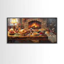Load image into Gallery viewer, Cozy Thanksgiving Feast by Fireplace Framed Canvas Print Seasonal Wall Art, Rustic Fall Decor, Harvest Celebration Art Print for Home