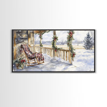 Load image into Gallery viewer, Snowy porch scene with wreaths and holiday greenery, framed canvas print, cozy winter Christmas decor perfect holiday wall display