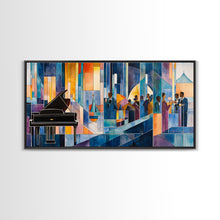 Load image into Gallery viewer, Abstract jazz party scene with grand piano, colorful stained glass aesthetic, framed canvas print ideal vibrant music wall art decor