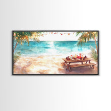 Load image into Gallery viewer, Beach Christmas decor picnic setup with palm trees and lights, framed canvas print showcasing tropical coastal holiday art decor