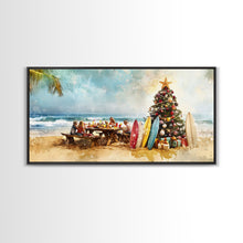 Cargar imagen en el visor de la galería, Christmas family picnic by the beach with surfboards and tree, framed canvas print tropical coastal holiday beach Christmas decor