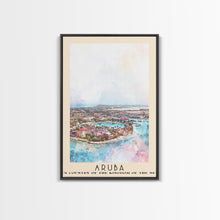 Load image into Gallery viewer, Aruba, autonomous country of the Kingdom of the Netherlands Watercolor Beach Print, Vacation Gift, autonomous country of the Kingdom of the Netherlands Wall Art, Framed Canvas Print, Framed Beach Painting