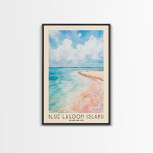 Load image into Gallery viewer, Blue Lagoon Island, Bahamas Watercolor Print, Vacation Gift, Bahamas Wall Art, Beach Painting, Beach Decor, Large Wall Art, Wood Frame Art
