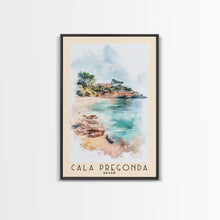 Load image into Gallery viewer, Cala Pregonda, Spain Watercolor Print, Vacation Gift, Spain Wall Art, Beach Painting, Beach Decor, Large Wall Art, Wood Frame Art