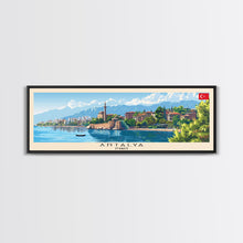 Load image into Gallery viewer, Antalya Turkey Panoramic Travel Poster, Framed Canvas Print or Metal Wall Art, Travel Art, Home Decor, Panoramic Painting, Midcentury Art